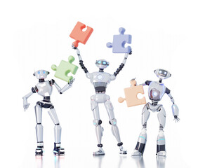 Friendly robots holding puzzle pieces as symbol of help and find solution. 3D rendering illustration	