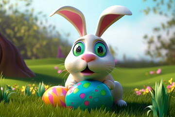 Gracioso conejo blanco de dibujos animados con huevos de pascua de colores en una bonita pradera con flores. Concepto de pascua