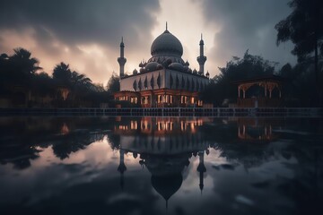 Obraz premium mosque full object perspective photo generate AI, for ramadhan kareem, eid al fitr, eid adha, islamic event