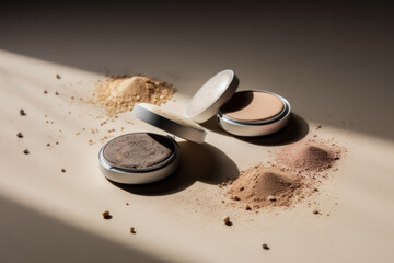Aesthetic high-end closeup studio image of powder foundation makeup compacts - obrazy, fototapety, plakaty
