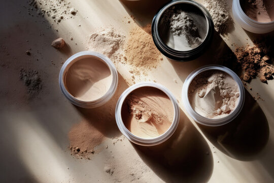 Aesthetic high-end closeup inclusive studio image of powder foundation makeup for all skin tones