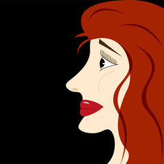 Flat illustration of Woman portrait. Cartoon woman head with make up and red hairstyle. Art with glamour and style lady profile.