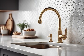 luxury kitchen sink with a gold faucet and marble countertop. Generative AI - obrazy, fototapety, plakaty