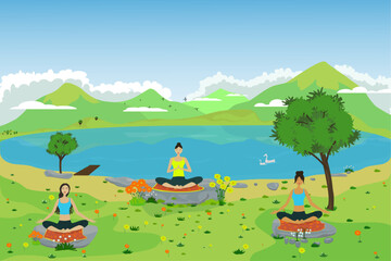 Summer outdoor yoga illustration near mountain lake. Vector illustration of group yoga and girls in flowers. Physical education and health in nature. Mentally calm girl on the background of mountains