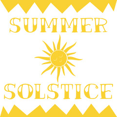Text SUMMER SOLSTICE and drawn sun on white background