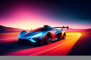 Fototapeta na wymiar Graphic representation of Speeding Fast Sports Car in Virtual Reality Racing Game. Generative AI. 