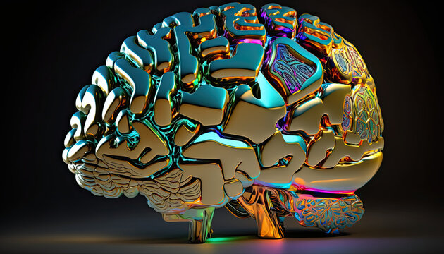 Close up of a golden brain included  technology, artifical intelligence concept, generative ai 