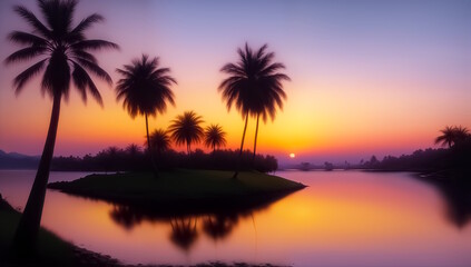 Fototapeta na wymiar Silhouette of a small island with palm trees in the lake against the backdrop of the setting sun. Generative AI