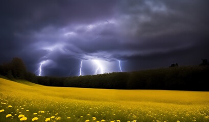 Twilight from thunderclouds over a field of yellow flowers. Flashes of lightning in the distance. Generative AI
