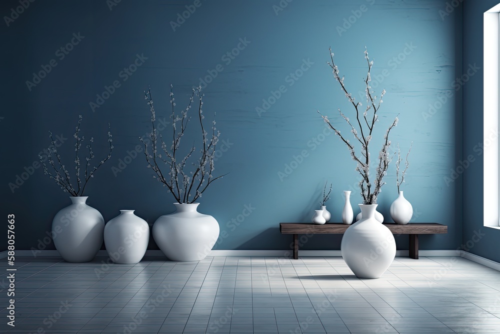 Poster illustration of colorful vases arranged on a patterned tiled floor. generative ai