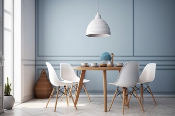 modern dining room with a sleek table and four chairs. Generative AI