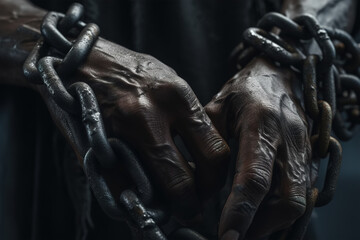 Black working male hands of a slave in chains, close-up. Slavery, arrest, violence concept. Generative AI - obrazy, fototapety, plakaty