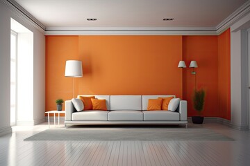 modern living room with vibrant orange walls and sleek white furniture. Generative AI