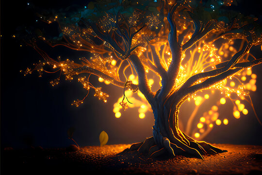 drawing of a magical glowing tree, magical tree with lights and bokeh at night, generative ai