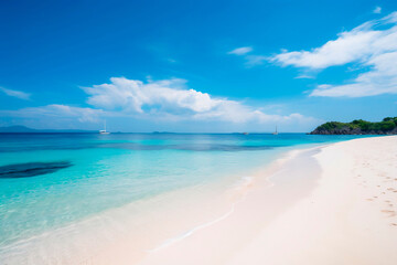 Fototapeta na wymiar Praia paradisíaca com areia branca, mar azul turquesa e céu com nuvens