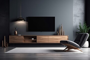 contemporary living room with a wall-mounted television as the focal point. Generative AI