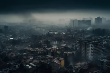 Illustration of a cityscape with smog and pollution, highlighting the environmental issues caused by urbanization.