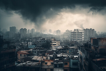 Illustration of a cityscape with smog and pollution, highlighting the environmental issues caused by urbanization.