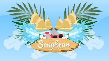 Fototapeta na wymiar Songkran festival in Thailand Background for content online ,water splash festival banner ,The Most Beautiful Places To Visit In Thailand on blue background, Vector illustration EPS 10