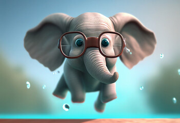 A Cute Little Elephant with Glasses Jumping into the Water