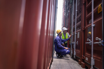 Engineer manager and foreman control or check inventory details of containers box, worker checking quantity of product in containers.