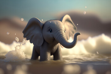 Playful Little Elephant Splashing in the Waves