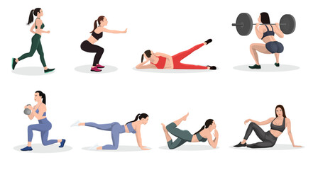 Fototapeta na wymiar Women character doing fitness. Strong woman doing barbell squat. Sporty young girl with slim body does dumbbell split exercises on training. Trainer shows yoga pose and stretches. Vector illustration