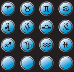 Horoscope. Set of zodiac buttons isolated on black background. Vector. Collection of black zodiac signs in blue background, page on black background. Eps file available.
