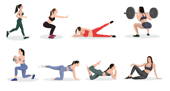 Women character doing fitness. Strong woman doing barbell squat. Sporty young girl with slim body does dumbbell split exercises on training. Trainer shows yoga pose and stretches. Vector illustration