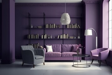 stylish living room with luxurious purple walls and furnishings. Generative AI