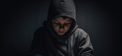 Kid in hoodie with face lit up from watching a screen created with Generative AI