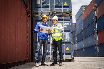 Engineer manager and foreman control or check inventory details of containers box, worker checking...
