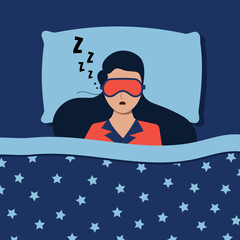 Woman sleep with mask on face and zzz sound. Sleeping at night in bed at home or in hotel. Good night, rest relax top view concept. Flat design cartoon vector character illustration. View from above.
