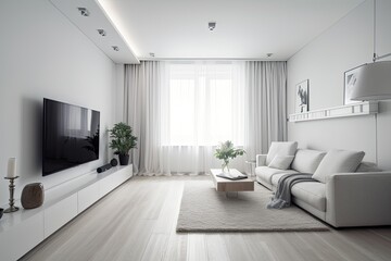 Naklejka na ściany i meble modern living room with a minimalist white sofa and a large flat-screen TV. Generative AI
