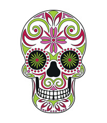 Colorful skull for the day of the dead. Illustration in the Mexican style for creating sticker, tattoo, print.