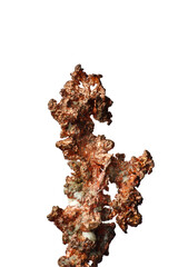 Obraz premium native copper (Cu) isolated on white background. macro detail texture background. close-up raw rough unpolished semi-precious gemstone