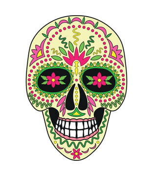 Colorful skull for the day of the dead. Illustration in the Mexican style for creating sticker, tattoo, print.