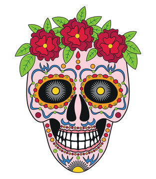 Colorful skull for the day of the dead. Illustration in the Mexican style for creating sticker, tattoo, print.