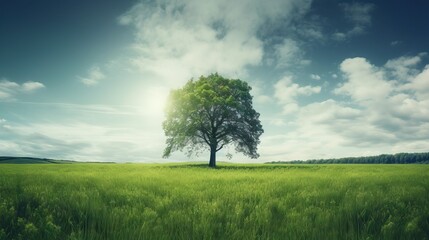 Fototapeta na wymiar a lone tree stands in a green field under a cloudy sky. generative ai