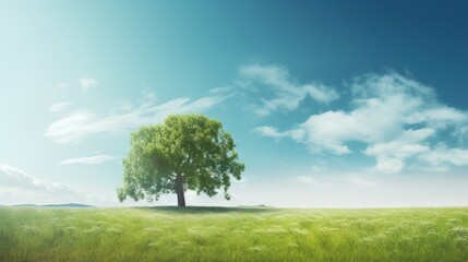 Fototapeta na wymiar a lone tree in a grassy field under a blue sky. generative ai