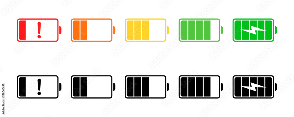 Poster battery level vector icons set. battery from low to full charge. colored and black charge level indi