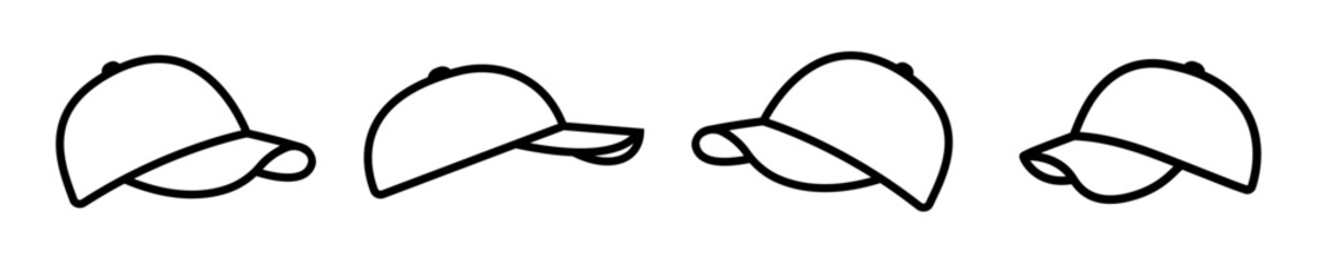 Set of Base ball cap vector icons. Black linear Baseball hat icons vector on white background. Black silhouette.