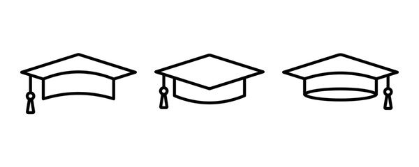 Graduation hat vector icons set. Linear student cap. Academic hat icons. Vector 10 EPS.  - obrazy, fototapety, plakaty