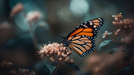 Naklejka na ściany i meble a monarch butterfly sitting on a flower in a field of flowers. generative ai