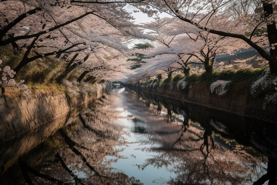 Illustration of a serene and picturesque Japanese landscape, in full bloom with cherry blossoms during sakura season. Ai generated.