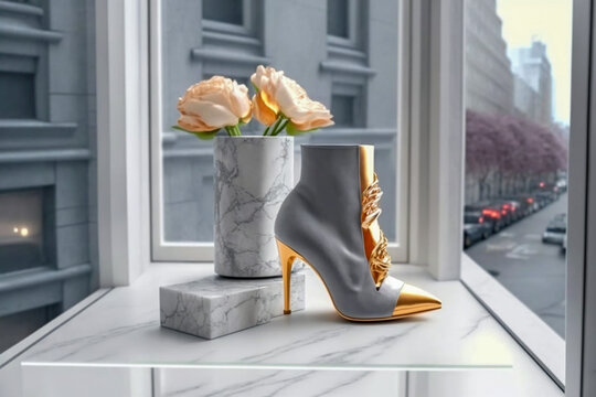Modern women's shoe store, super photo realistic background. Generative ai illustration