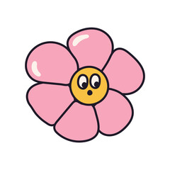 Stickers in trendy retro cartoon style. Smiling cute flower. Vector illustration