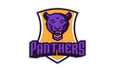 Sports logo with panther mascot. Colorful sport emblem with panther, puma mascot and bold font on shield background. Logo for esport team, athletic club, college team. Isolated vector illustration