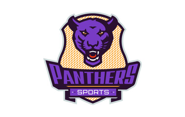 Sports logo with panther mascot. Colorful sport emblem with panther, puma mascot and bold font on shield background. Logo for esport team, athletic club, college team. Isolated vector illustration