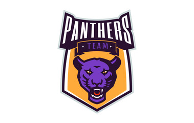 Sports logo with panther mascot. Colorful sport emblem with panther, puma mascot and bold font on shield background. Logo for esport team, athletic club, college team. Isolated vector illustration
